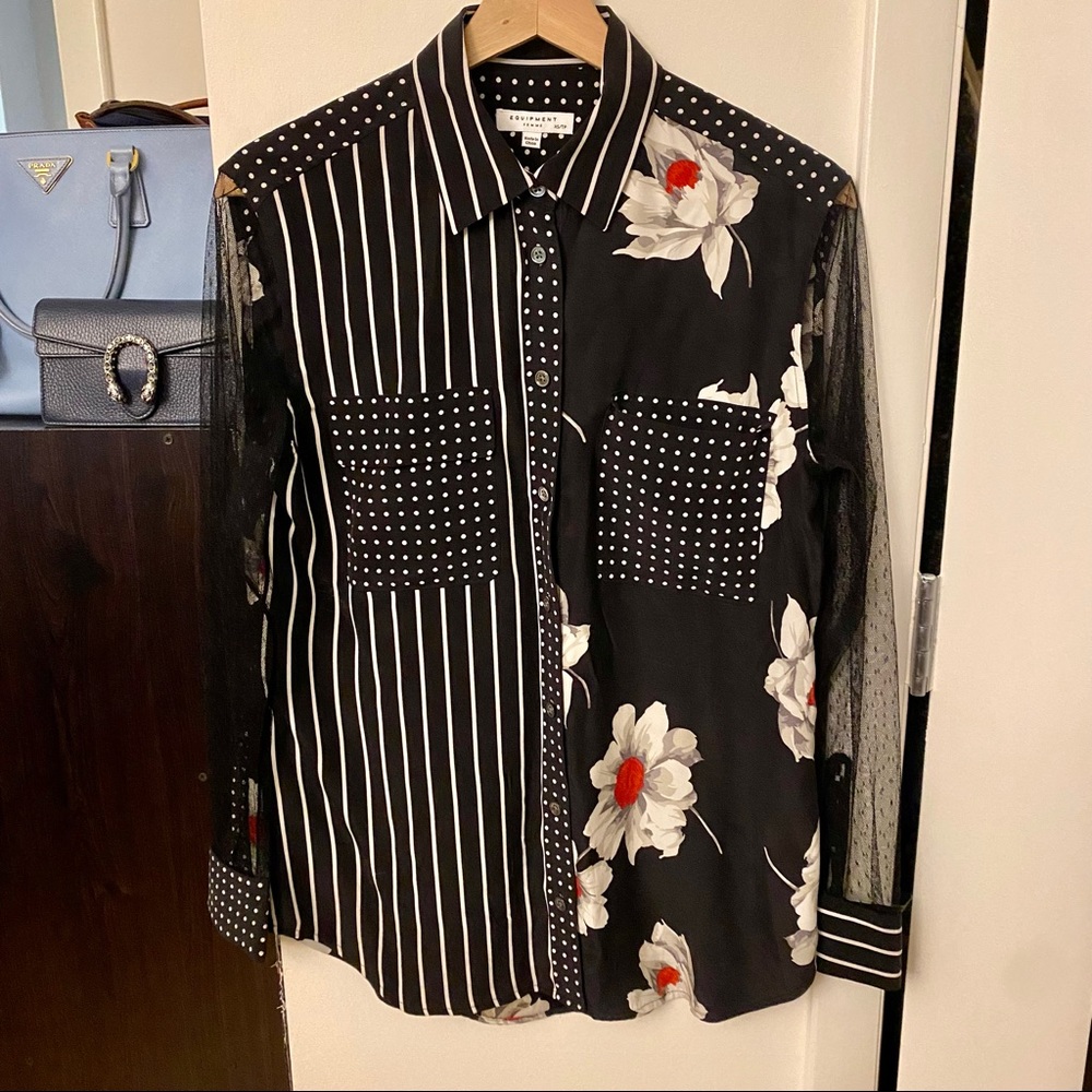 Equipment Multi-Pattern Black Silk Button Down Dr… - image 1